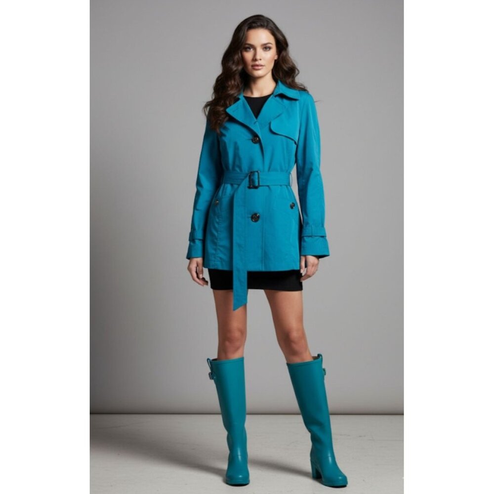 Talbots Spring Belted Trench Coat Teal Blue Women's Petite Size Medium